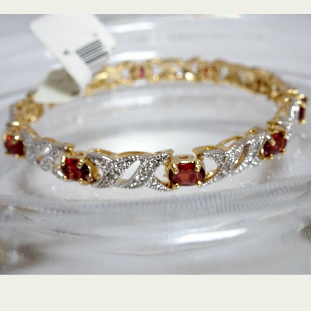 NWT January Birth Stone Garnet Diamond 24KT Gold .925 Silver Tennis Bracelet - Picture 2 of 13